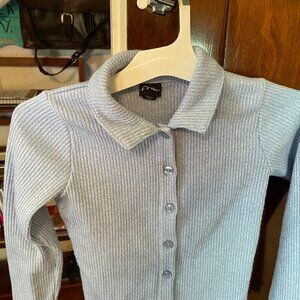 Girls powder blue art class button-up sweater, ribbed, with collar